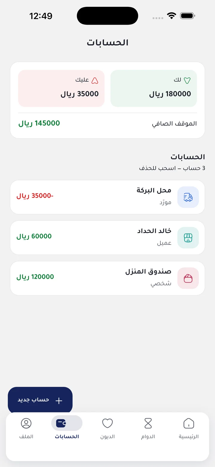 شاشة الحسابات: أرصدة العملاء والموردين والحسابات الشخصية.